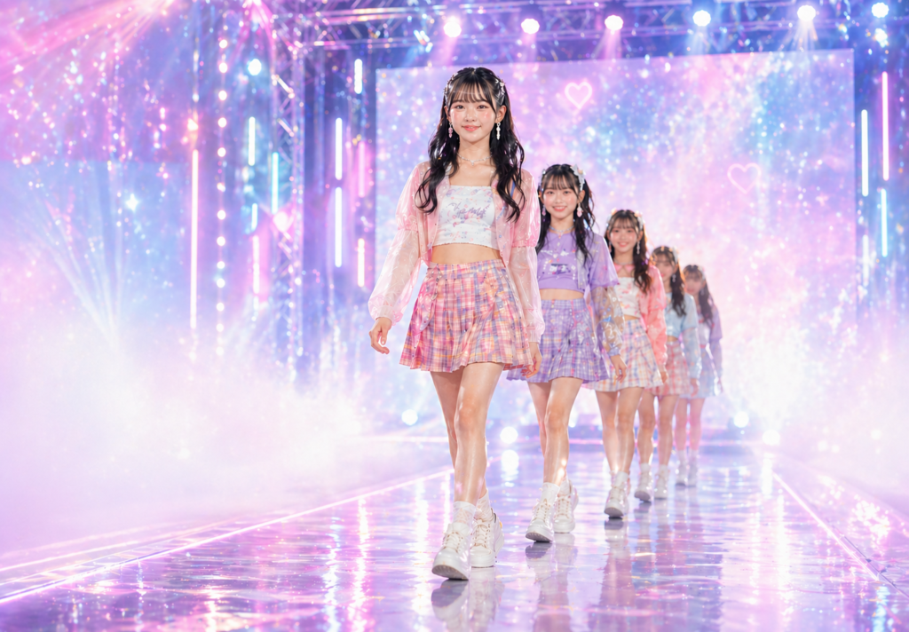 A girl group performs on a sparkling, neon-lit stage, lead singer in a pink plaid outfit walking toward the camera.
