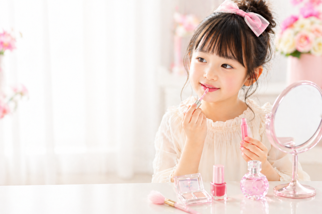 Young girl applying pink lip gloss at a pink-themed vanity with makeup bottles nearby.